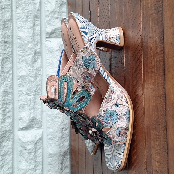 Nwot Lartiste Spring Step Blue Floral Leather Open Toe Heel Sandal Size 9 - Picture 4 of 8